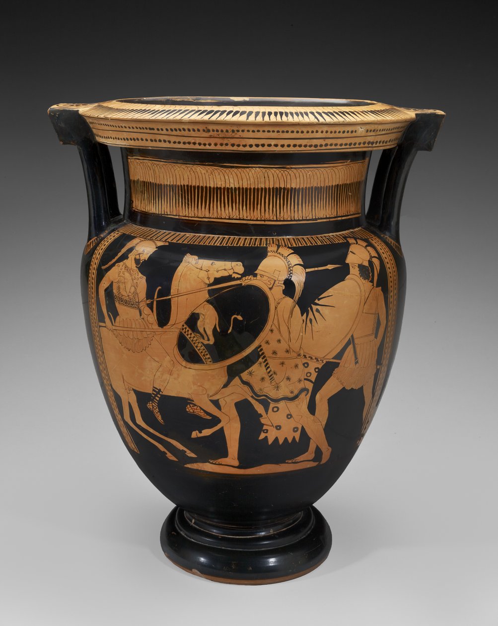 Terracotta Column Krater med röd figur med stridsplats, 460-450 f.Kr. (terrakotta) av Naples Painter (attr. to)