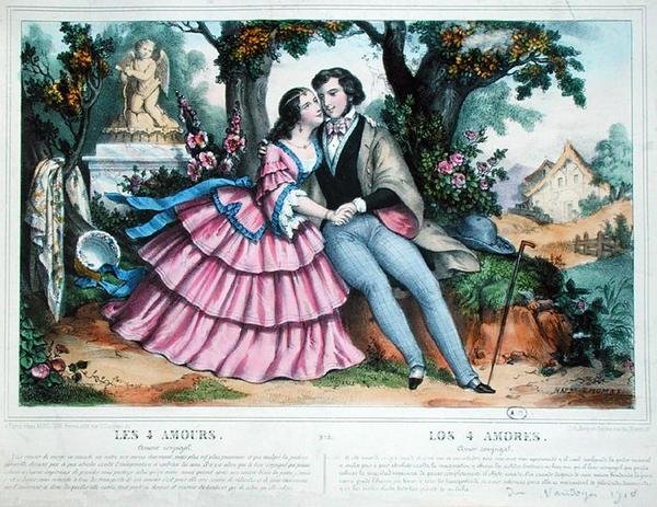 De fyra kärlekarna, äktenskaplig kärlek (färg litho) av Napoleon (after) Thomas