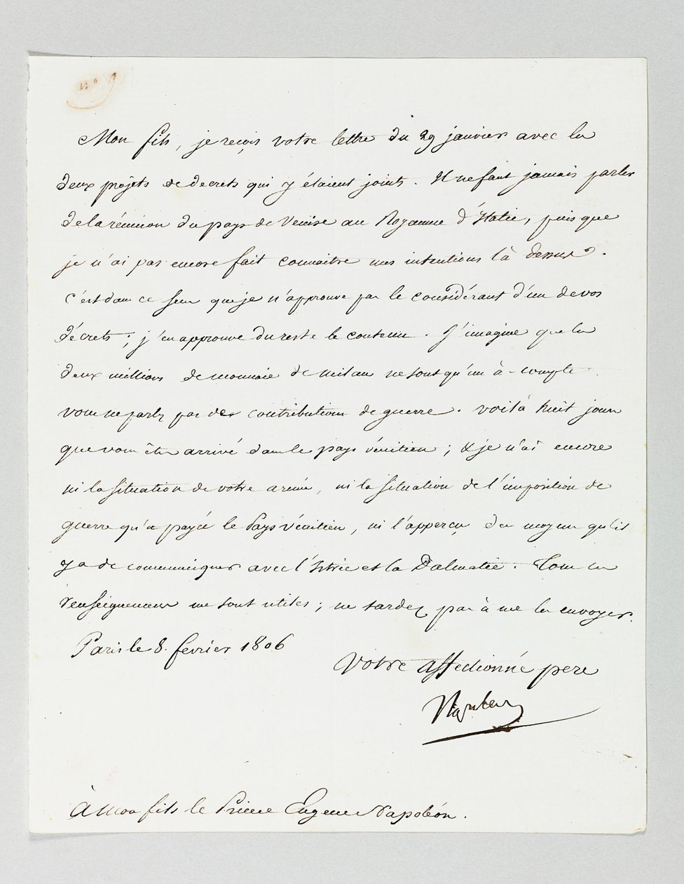 Undertecknat brev från Napoleon till sin styvson, prins Eugène de Beauharnais Napoleon av Napoleon Bonaparte