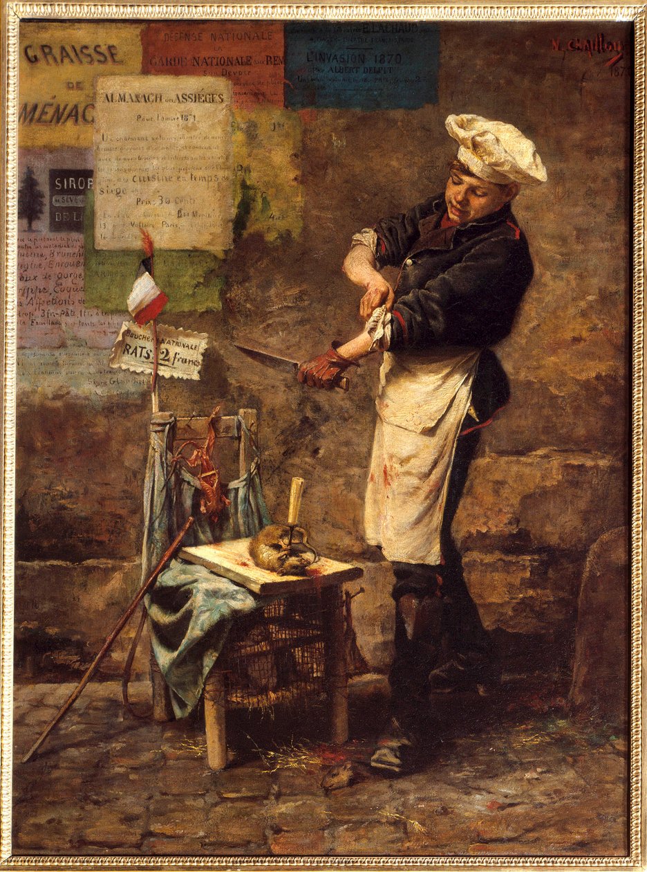 Råttförsäljaren under belägringen av Paris 1870 (h s/t 0,64 x 0,47) målning av Narcisse Chaillou från 1870 (1835-1916) (Råttsäljare under belägringen av Paris av Narcisse Chaillou