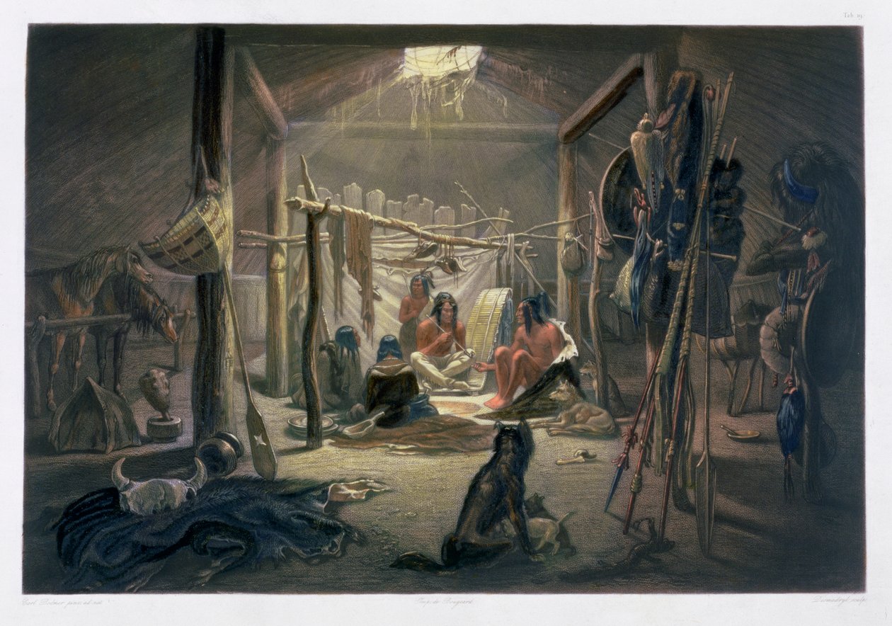 "Insidan av en Mandan-hövdings koja", 1843 av Narcisse Desmadryl