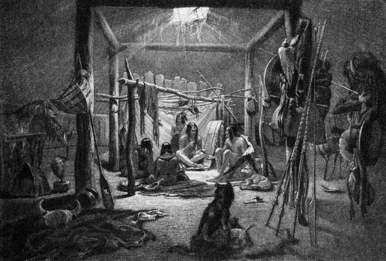 Mandanhövdingens hydda - (Interiör) av indiansk bostad av Narcisse Edmond Joseph Desmadryl