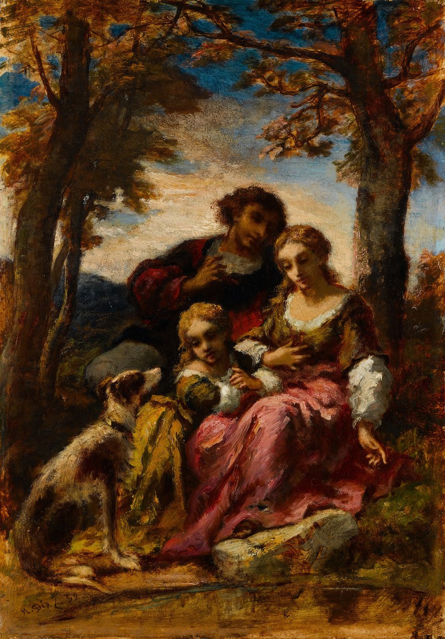 Figurer och en hund i ett landskap, 1852. av Narcisse Virgile Diaz de la Peña
