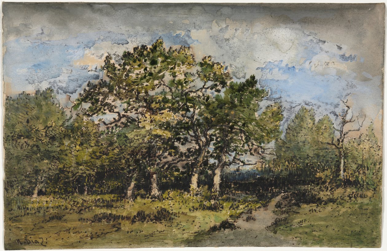 Landskap, ca 1860 (akvarell och gouache med penna och brunt bläck samt grafit) av Narcisse Virgile Diaz de la Peña