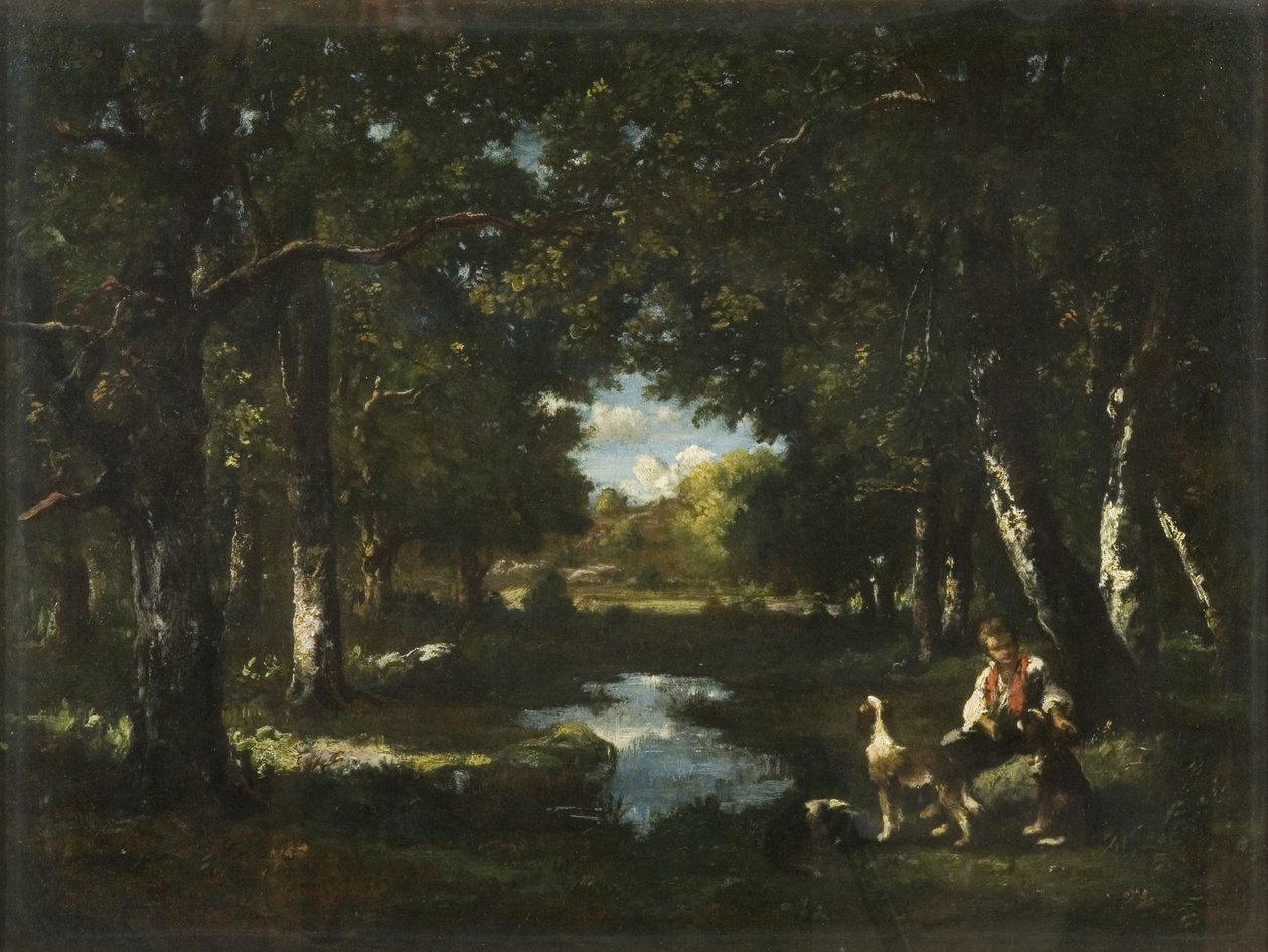 Man och hund vilar i Forest Glade (olja på duk) av Narcisse Virgile Diaz de la Peña