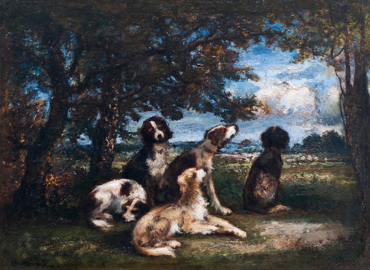 Hundar i Fontainebleauskogen (olja på pannå) av Narcisse Virgilio Diaz de la Peña