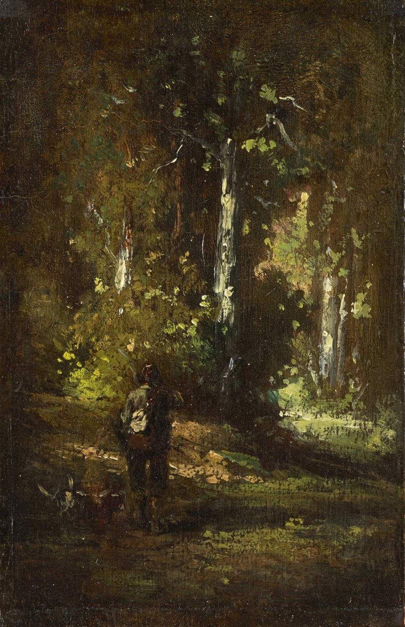Utsikt över det inre av skogen med en jägare av Narcisse Virgilio Diaz de la Peña, Alexandre Gabriel Decamps
