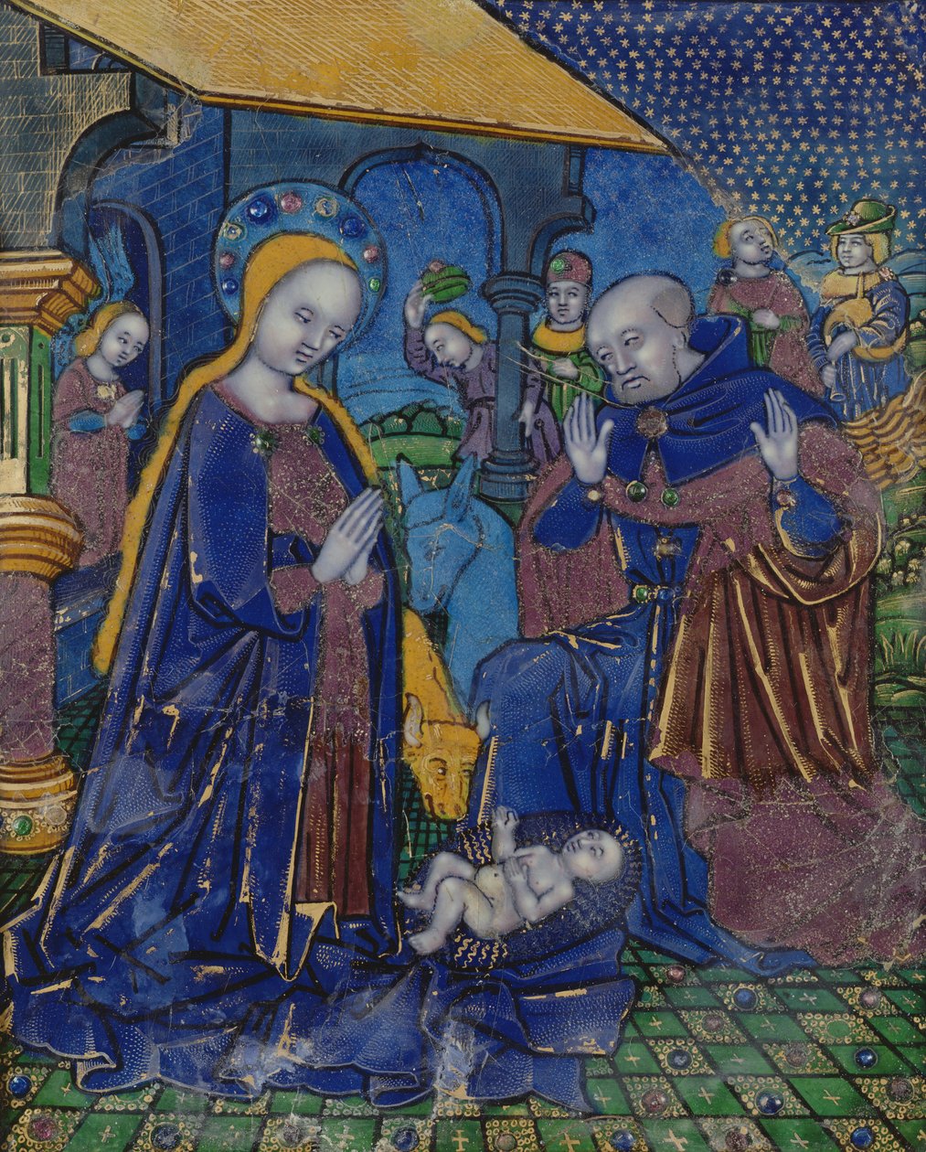 Plåt som föreställer The Adoration of the Child, Limoges (emalj) av Nardon Penicaud