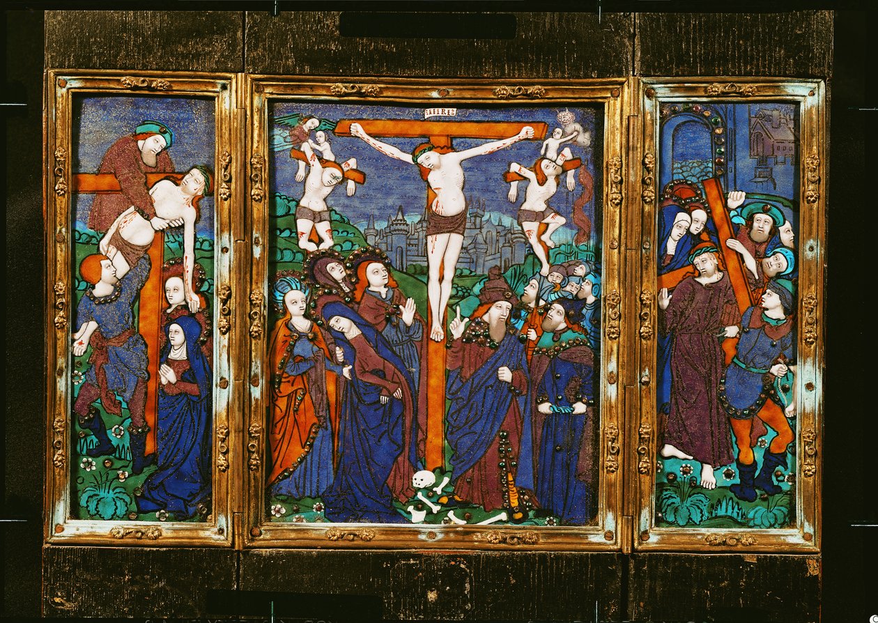 Triptych inayoonyesha Kusulubiwa, Limousin (enamel)swed av Nardon Penicaud