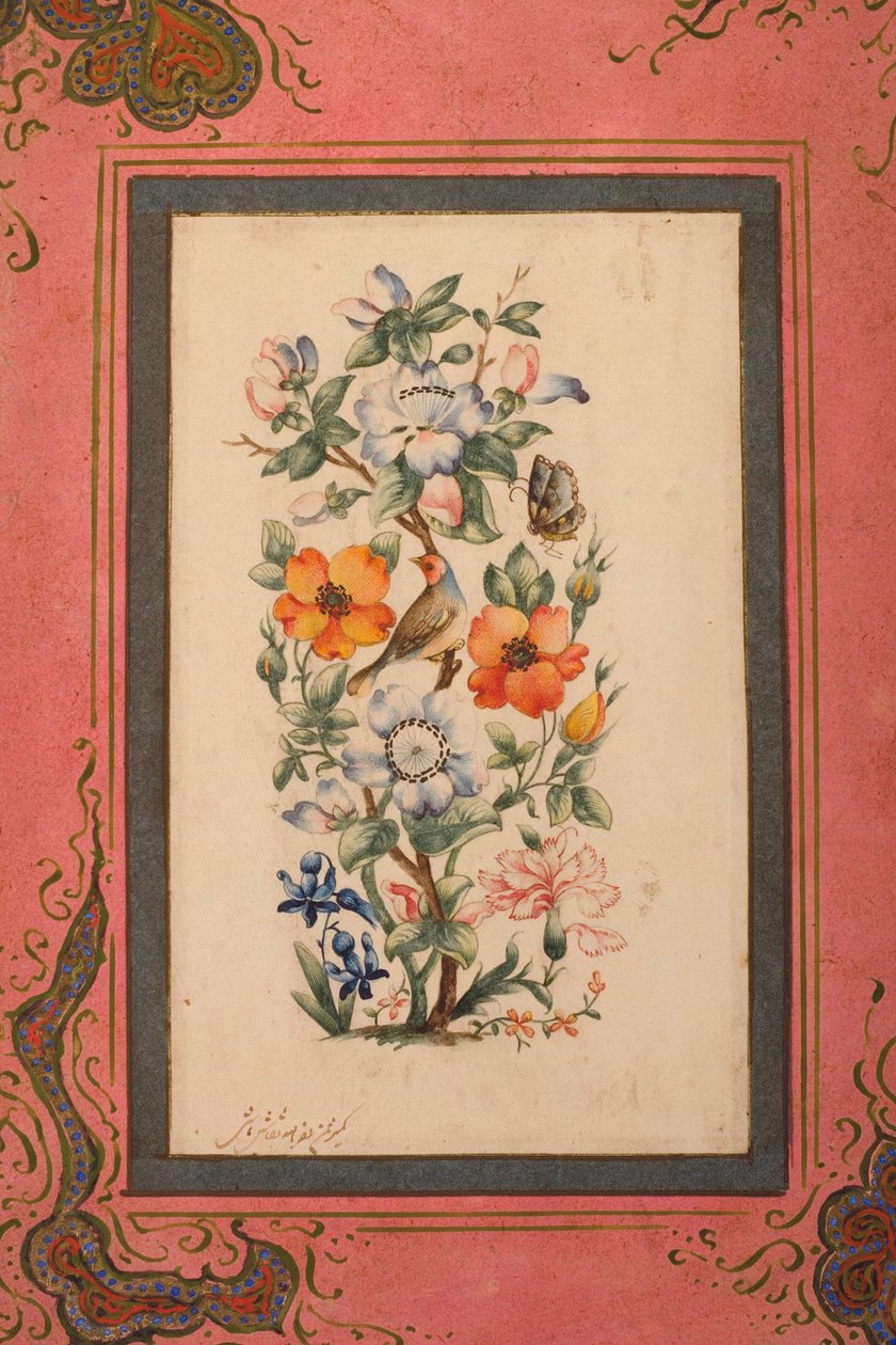 En stjälk av blommor med en fågel och en fjäril (ogenomskinlig wc på papper) av Nasr Allah al Husayni al Imami