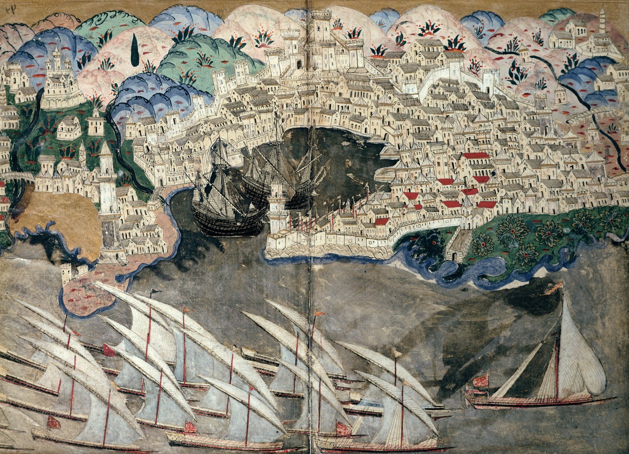 Den ottomanska flottan blockerar hamnen i Marseille 1543 av Nasuh Al Silahi