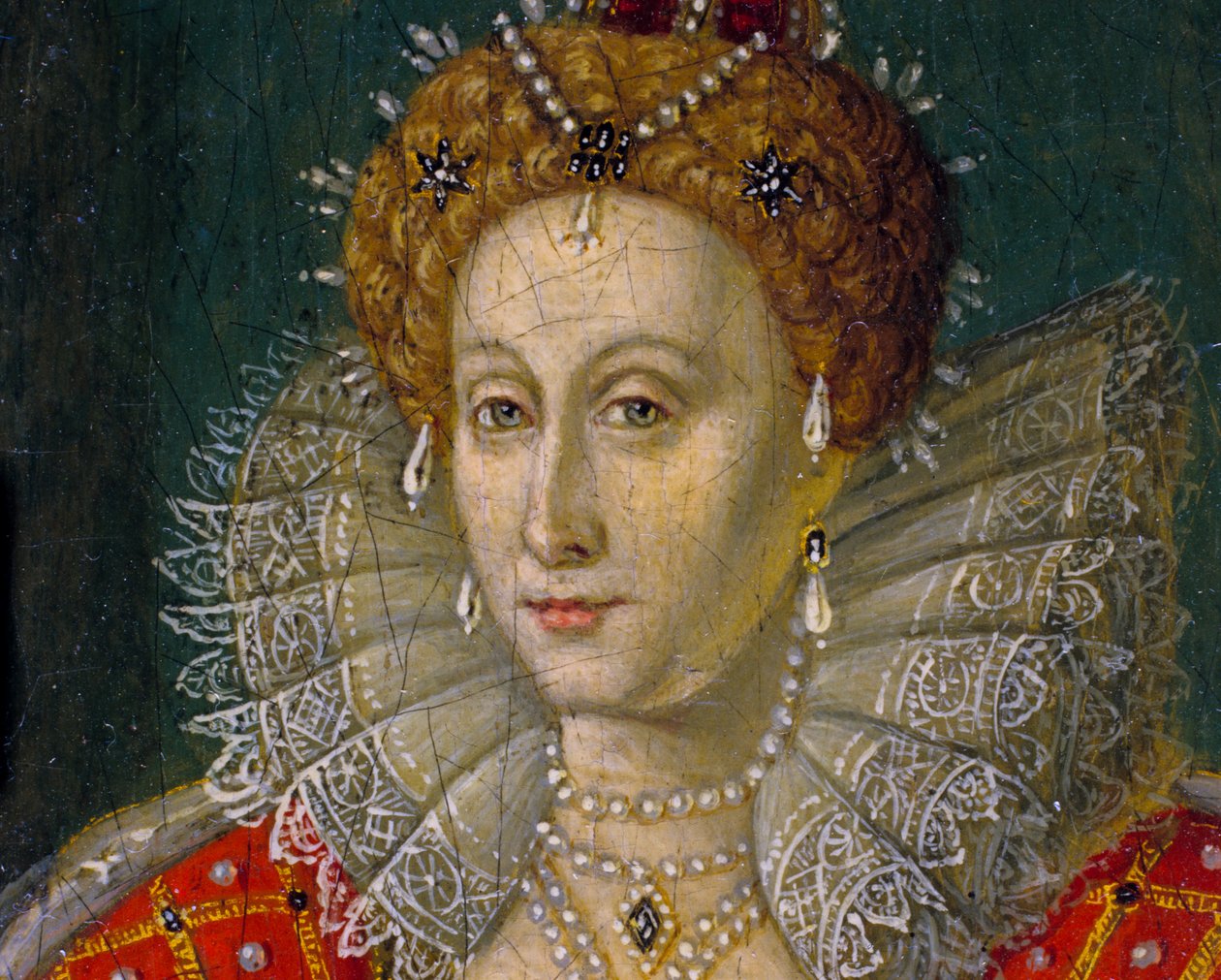 Detalj av miniatyrporträtt i olja av drottning Elizabeth I av England och Irland av Nathan Benn