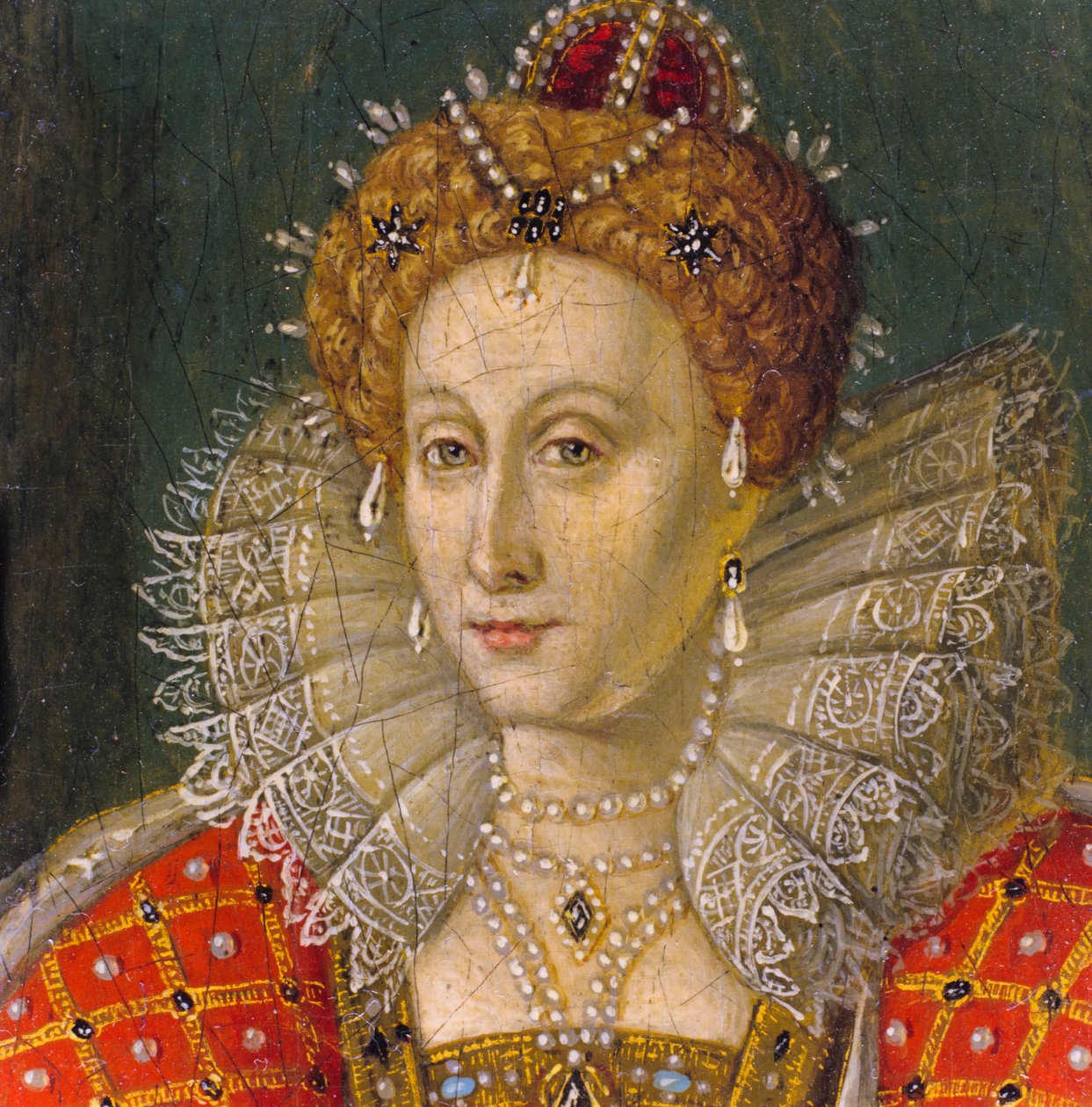 Detalj av miniatyrporträtt i olja av drottning Elizabeth I av Nathan Benn