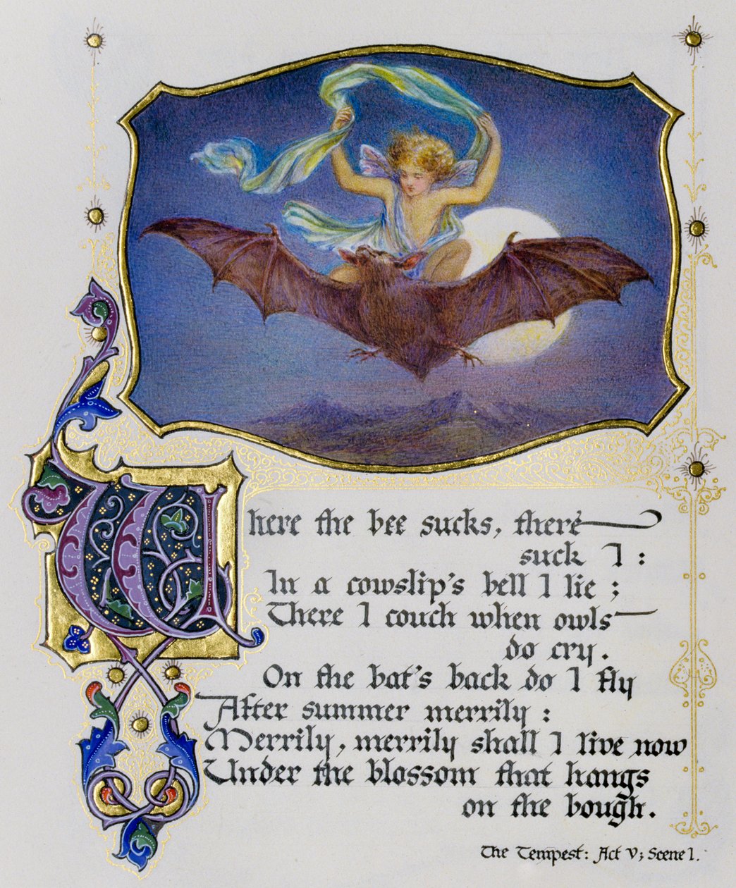Illuminerad sida från en bok med Shakespeare-sonetter som visar en scen ur Stormen av Nathan Benn