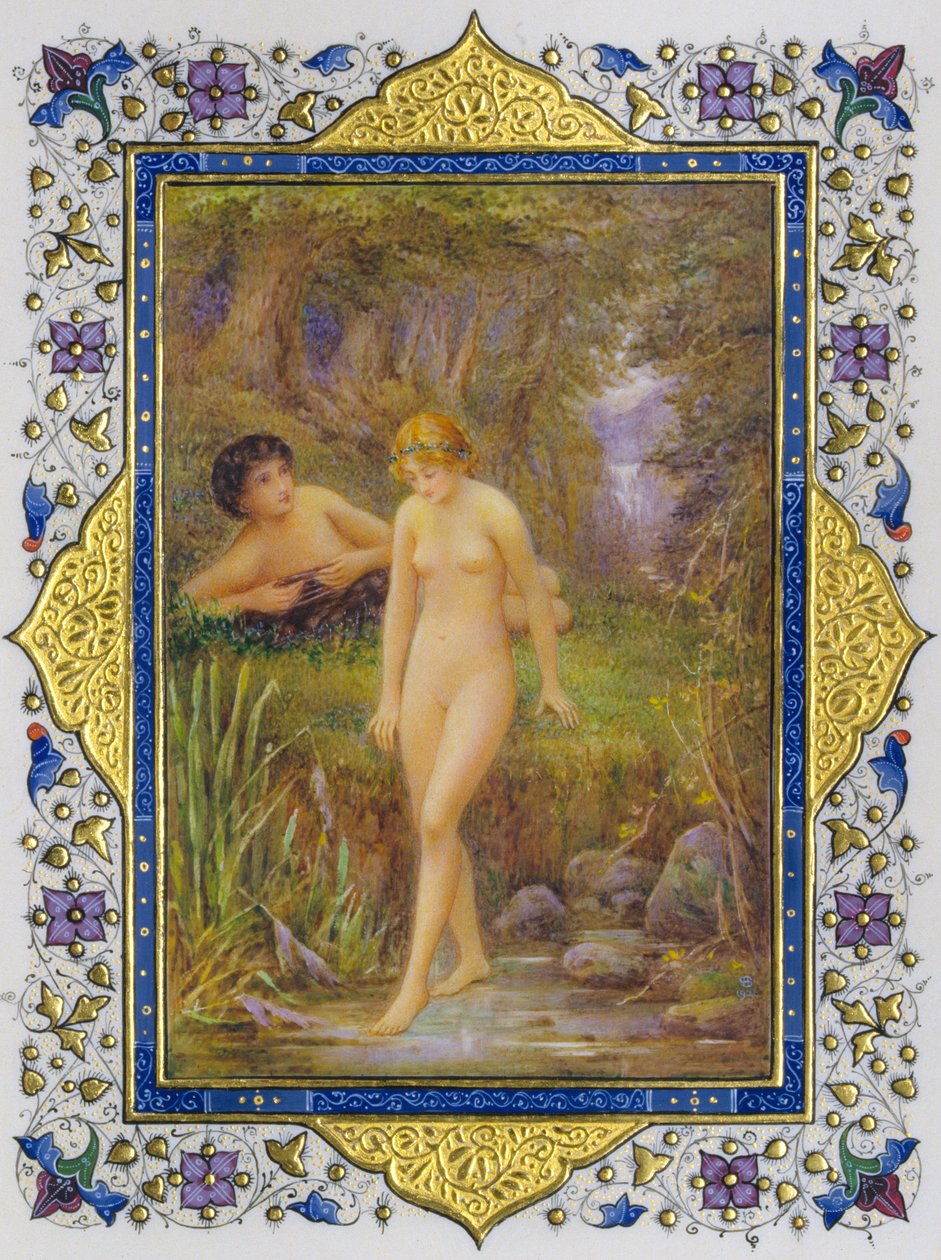 Illuminerad sida från en bok med Shakespeares sonetter med naken kvinna i pastoral fanta... av Nathan Benn