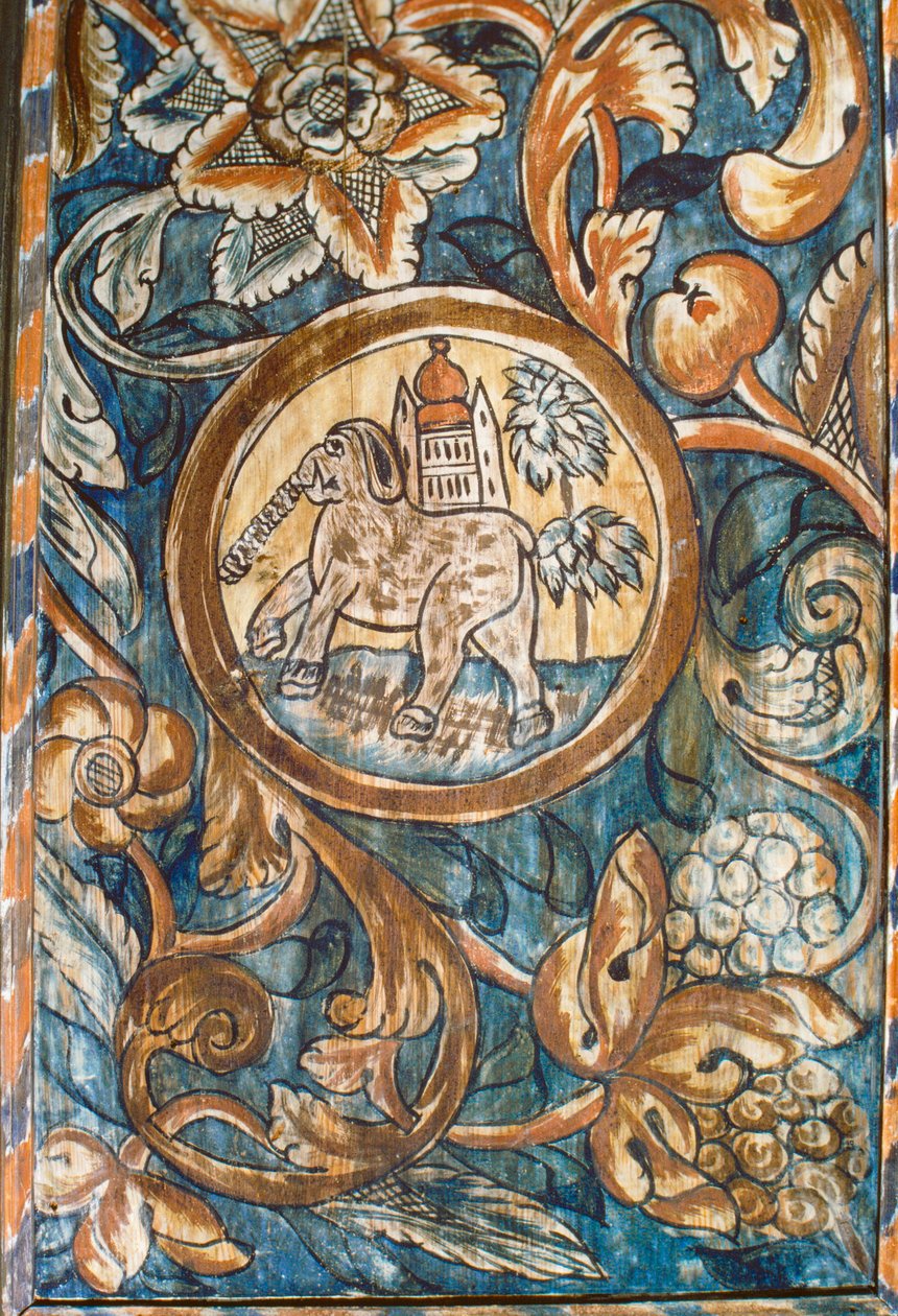 Målning av en elefant som bär ett tempel i en synagoga på landsbygden från 1700-talet. av Nathan Benn