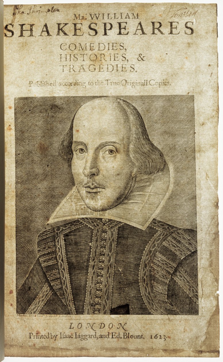 Porträtt av William Shakespeare på framsidan av Comedies, histories,  tragedies i... av Nathan Benn
