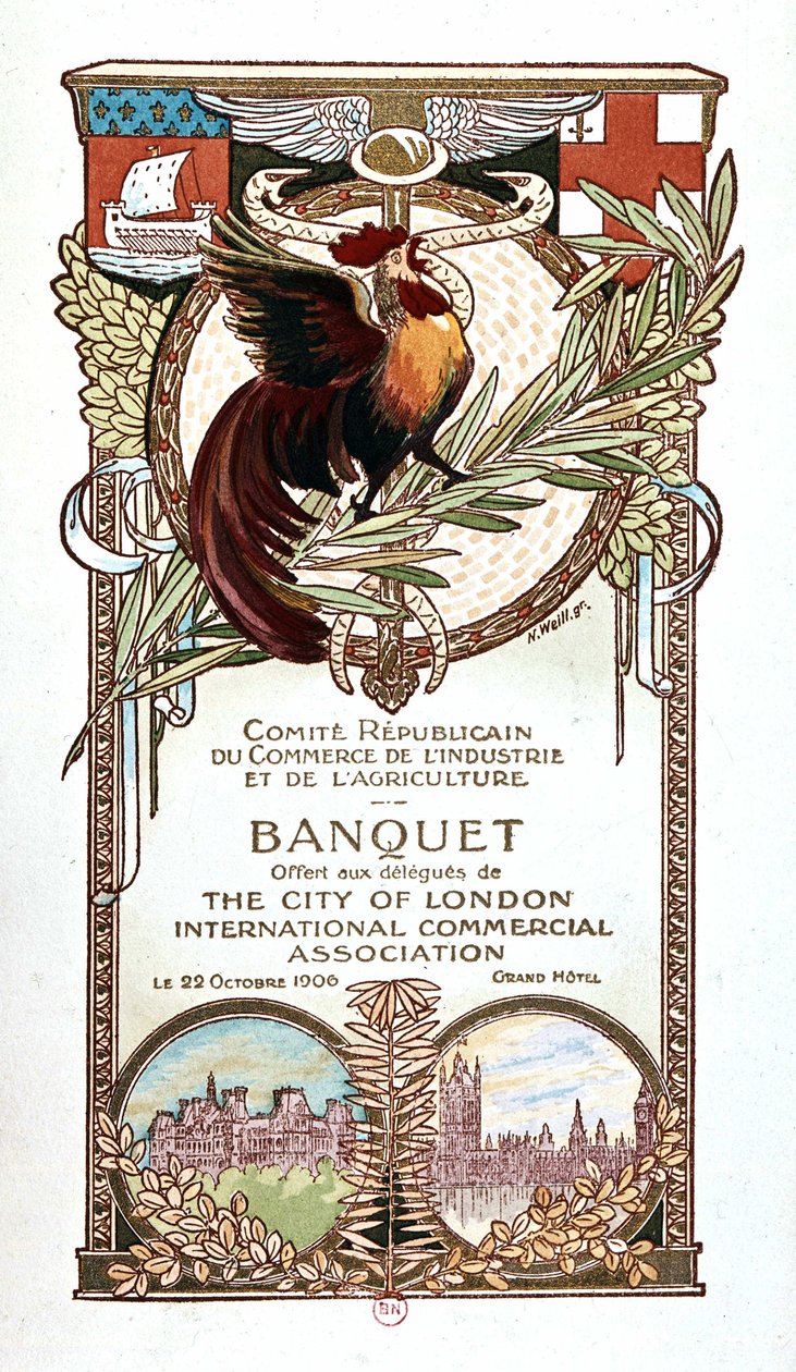 Tupp och monument, bankettmeny för den republikanska kommittén för handel, industri och jordbruk erbjuds 22.11.1906 till delegaterna från City of Londons internationella kommersiella sammanslutning av Nathan Weill