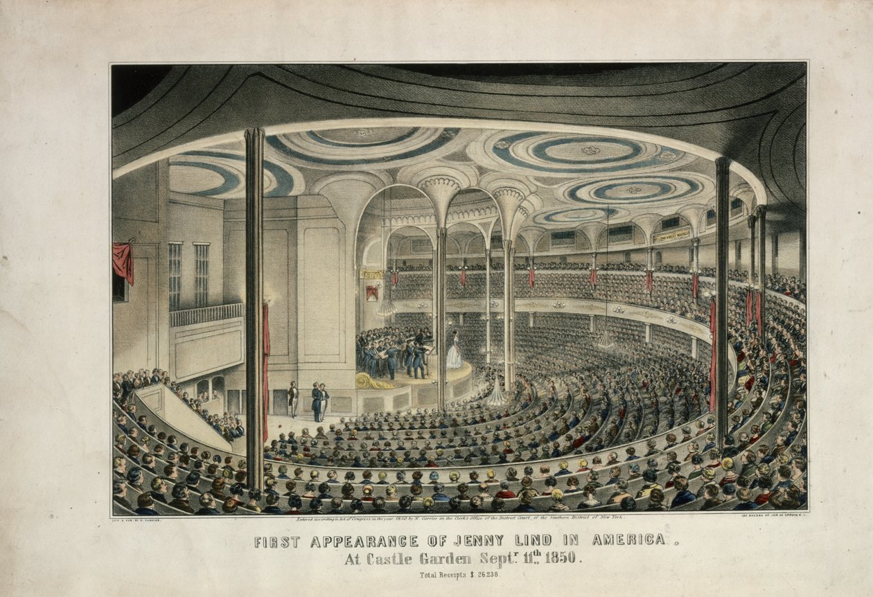 Jenny Linds första framträdande i Amerika på Castle Garden, 11 september 1850, 1850 (handkolorerad litografi) av Nathaniel Currier