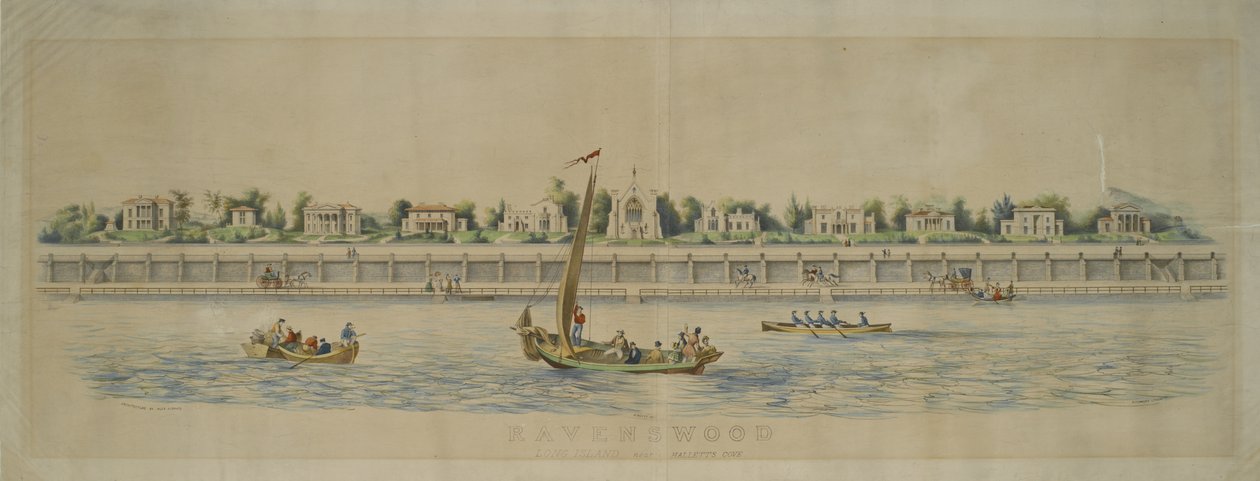 Ravenswood, Long Island, nära Hallets Cove (handfärgad litho) av Nathaniel Currier