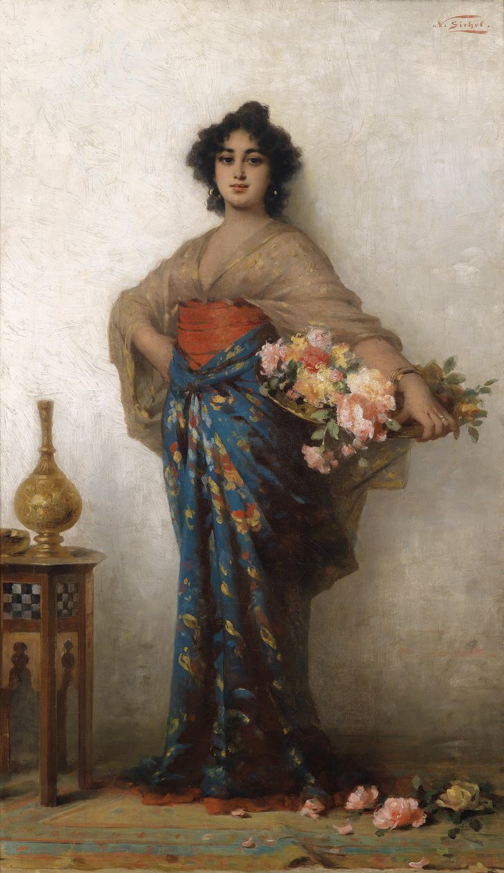 Orientalische Schönheit mit Rosenkorb av Nathaniel Sichel