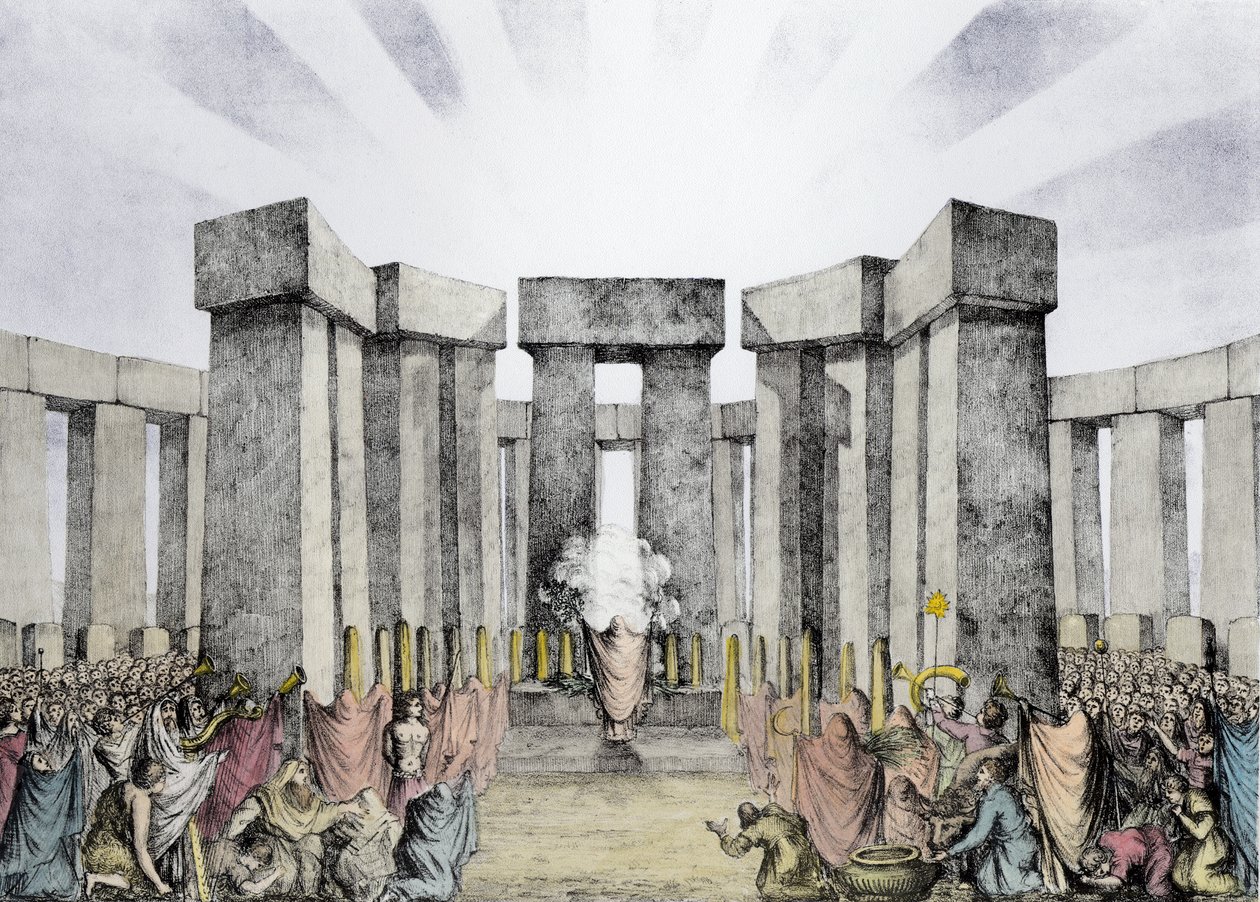 Druider offrar till solen i sitt tempel kallat Stonehenge, från en plan av Stonehenge av Dr Stukeley i Ashmolean Museum, Oxford, graverad och pub. av konstnären (senare färgsättning av Nathaniel Whittock