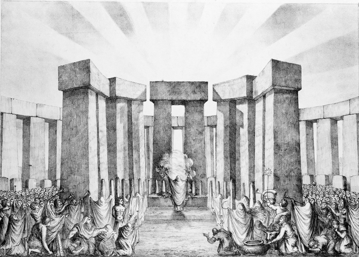 Druider offrar till solen i sitt tempel kallat Stonehenge, från en plan av Stonehenge av Dr Stukeley i Ashmolean Museum, Oxford, graverad och pub. av konstnären av Nathaniel Whittock