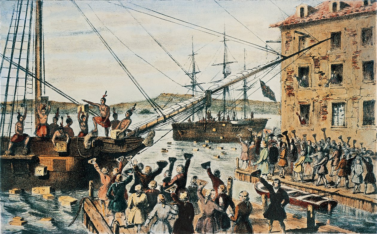 Boston Tea Party, engelska tekistor som kastades överbord i Bostons hamn av kolonister, 16 december av Nathaniel (after) Currier