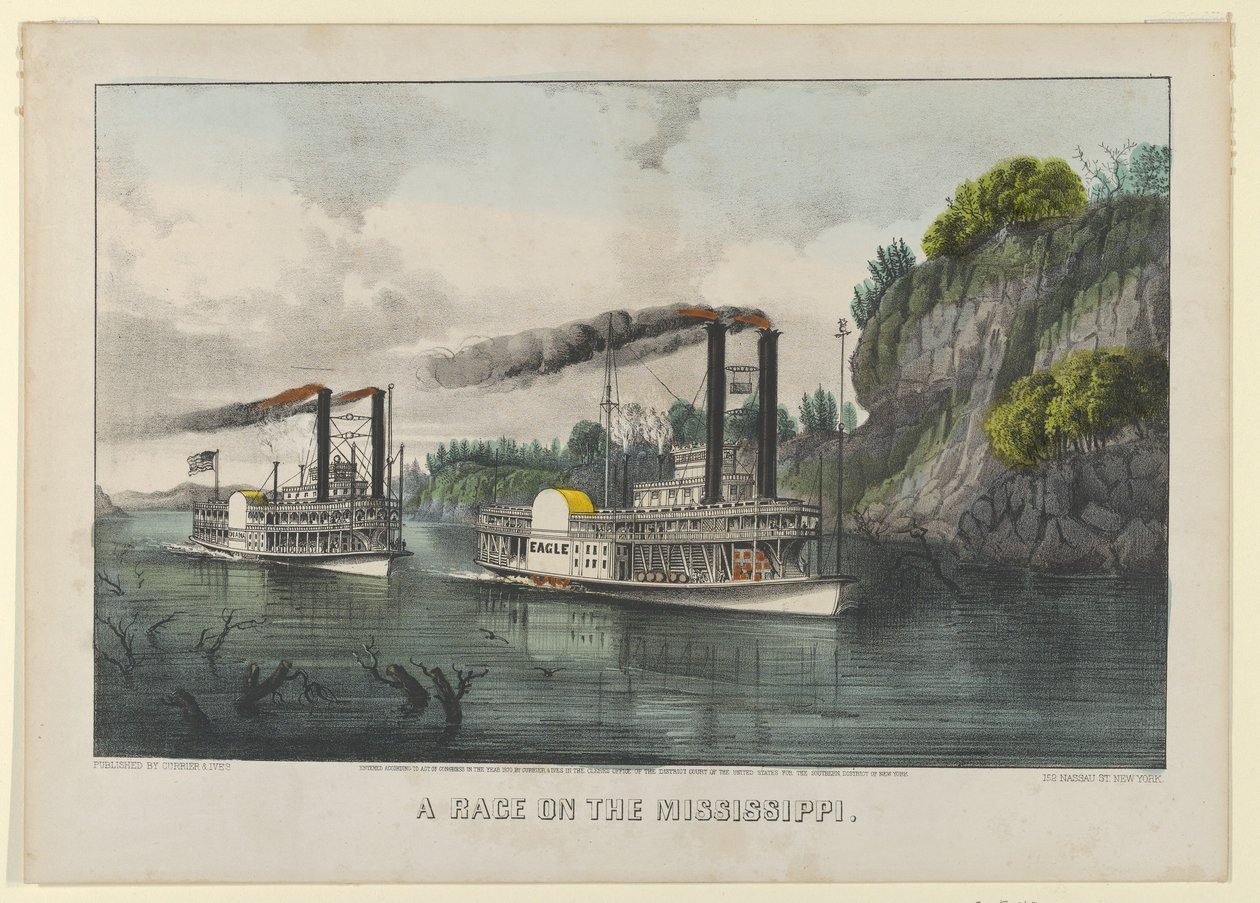 A Race on the Mississippi, 1870., 1870. Skapare: Nathaniel Currier, James Merritt Ives, Currier och Ives. av Currier and Ives