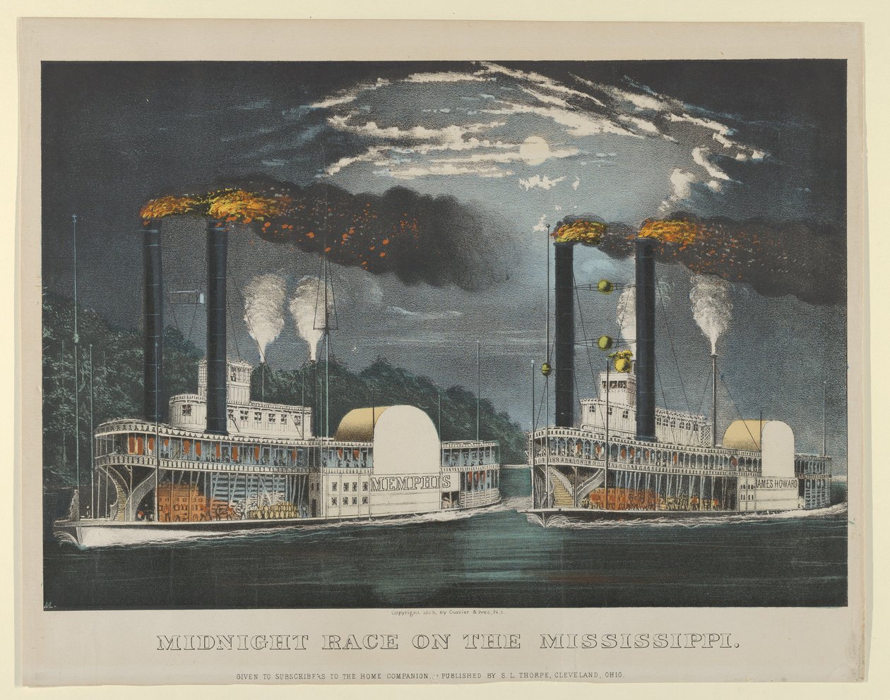 Midnattsloppet på Mississippi, 1875., 1875. Skapare: Nathaniel Currier, James Merritt Ives, Currier och Ives. av Currier and Ives
