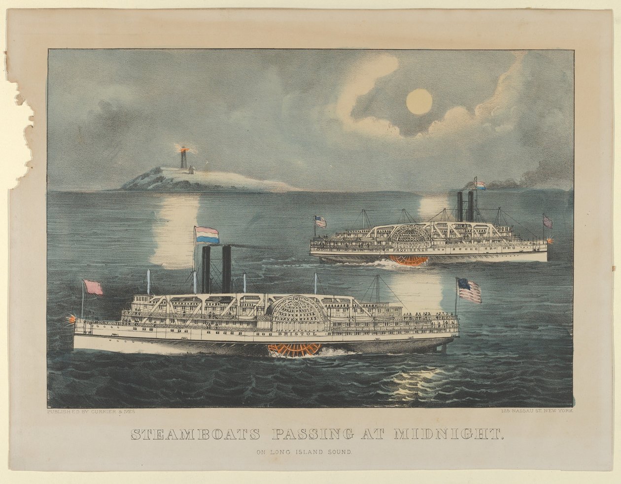 Ångbåtar passerar vid midnatt - på Long Island Sound, 1872-74., 1872-74. Skapare: Nathaniel Currier, James Merritt Ives, Currier och Ives. av Currier and Ives
