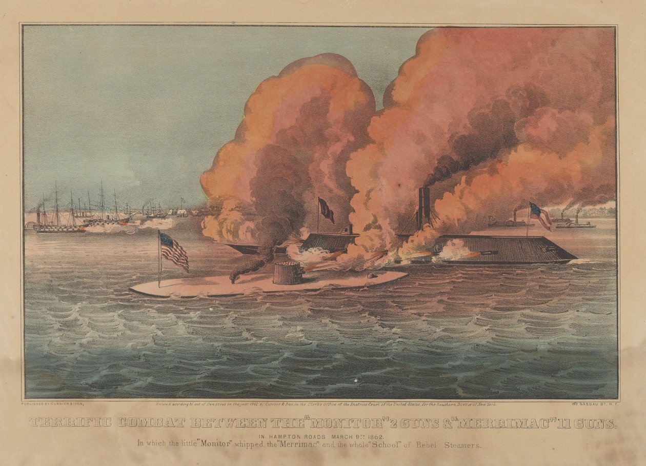 Fantastisk strid mellan Monitor 2 Guns & Merrimac 11 Guns - In Hampton Roads March..., 1862. Skapare: Nathaniel Currier, James Merritt Ives, Currier och Ives. av Currier and Ives