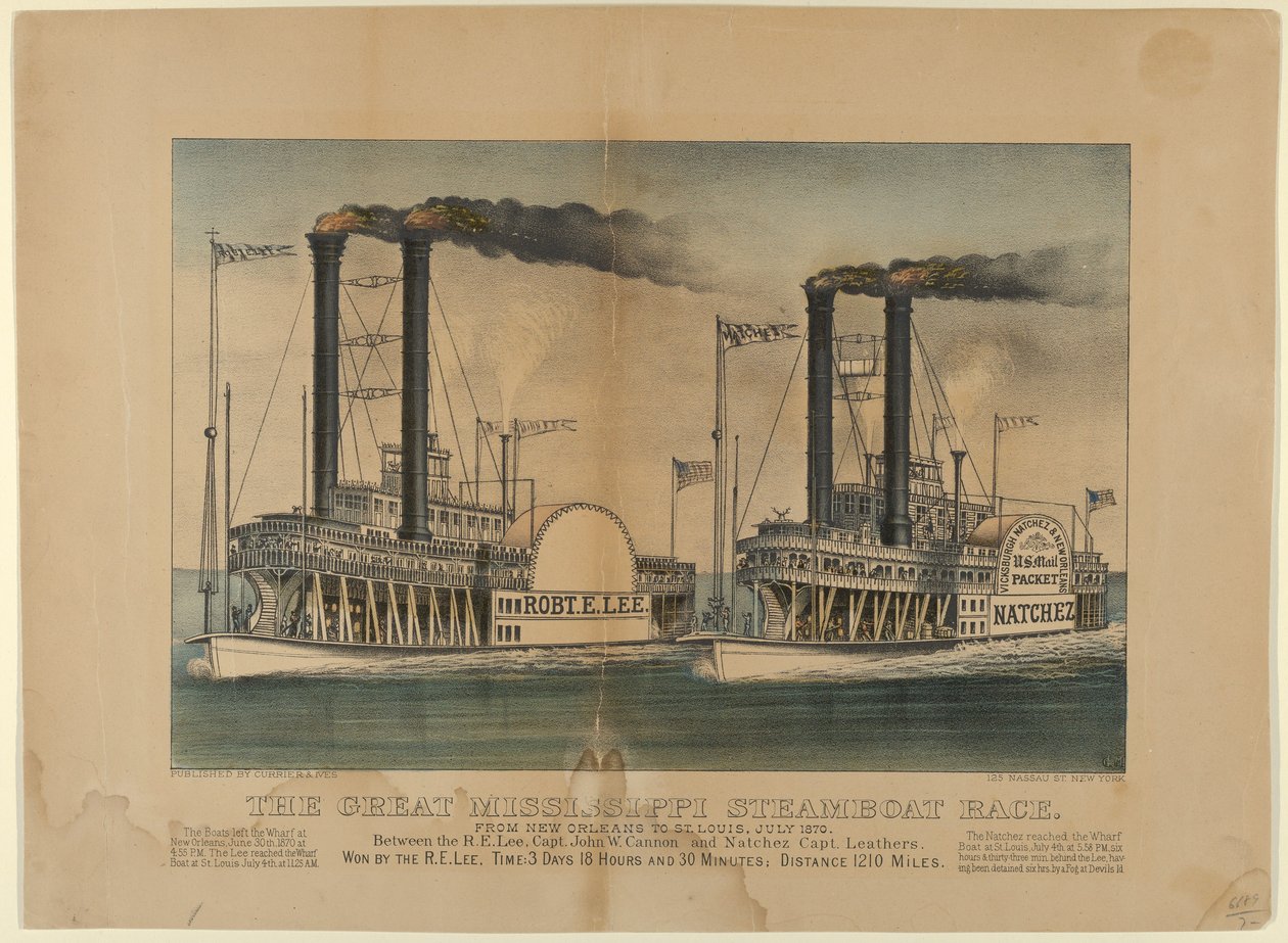 The Great Mississippi Steamboat Race-Från New Orleans till St. Louis, juli 1870-Mellan t..., 1872-74. Skapare: Nathaniel Currier, James Merritt Ives, Currier och Ives. av Currier and Ives