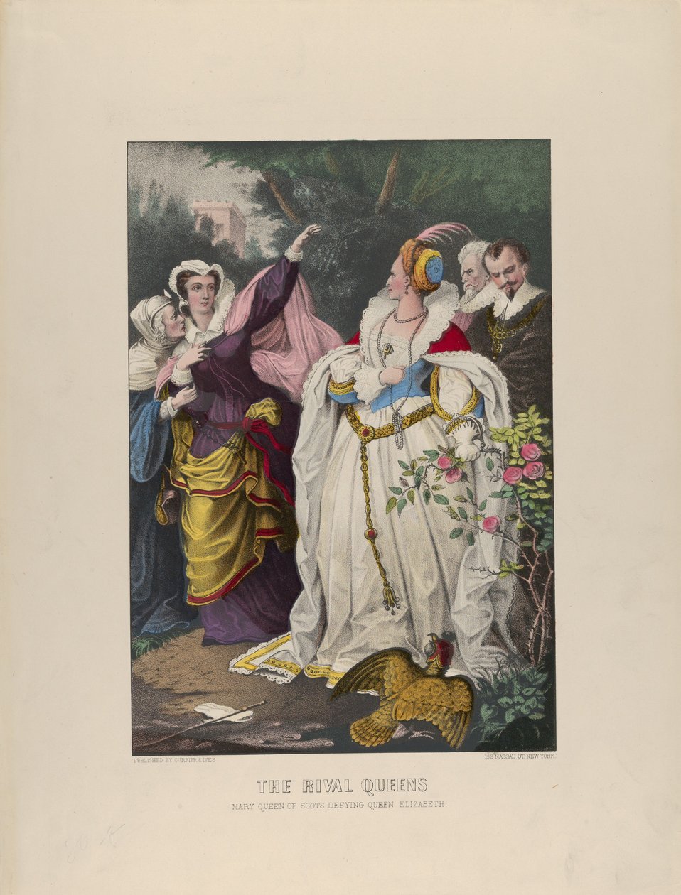 The Rival Queens - Mary Queen of Scots trotsar drottning Elizabeth, 1857-72., 1857-72. Skapare: Nathaniel Currier, James Merritt Ives, Currier och Ives. av Currier and Ives