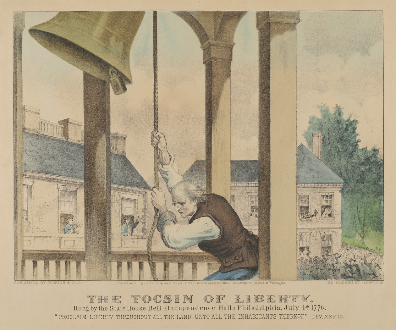 The Tocsin of Liberty-Rung av State House Bell, Independence Hall Philadelphia, juli..., 1876. Skapare: Nathaniel Currier, James Merritt Ives, Currier och Ives. av Currier and Ives