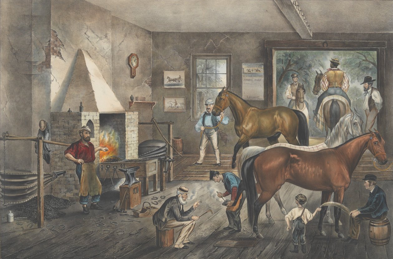 Trotting Cracks at the Forge, 1869., 1869. Skapare: Nathaniel Currier, James Merritt Ives, Currier och Ives. av Currier and Ives