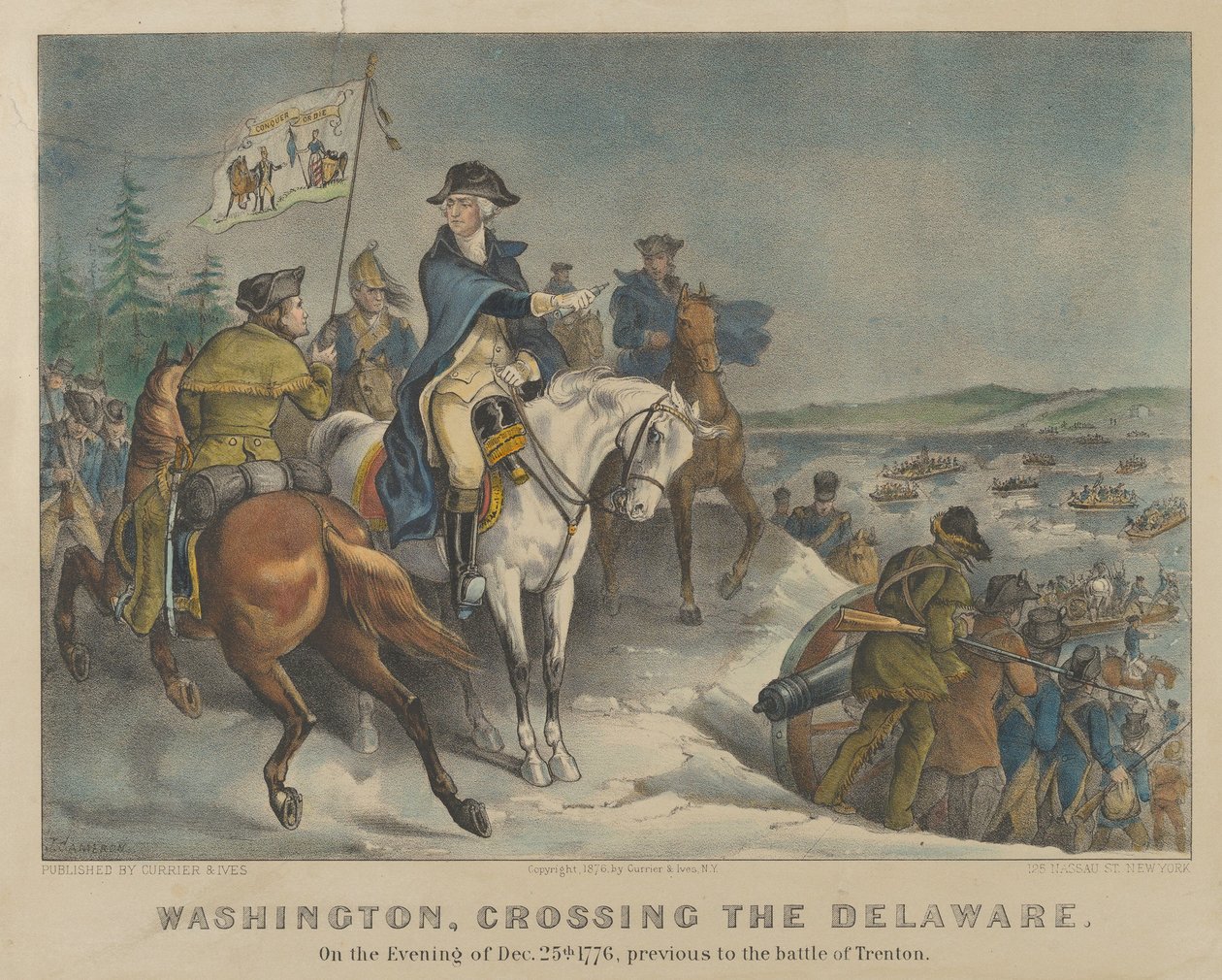 Washington, Crossing the Delaware-På kvällen den 25 december 1776, före slaget..., 1876. Skapare: Nathaniel Currier, James Merritt Ives, Currier och Ives. av Currier and Ives