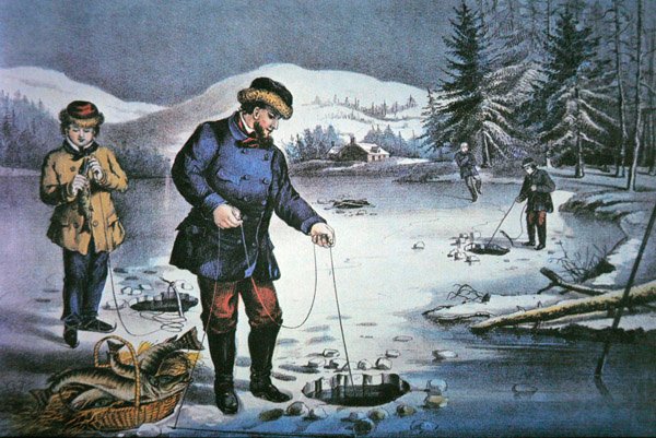 American Pioneer Life: Fishing Through Ice Hole av Nathaniel Currier