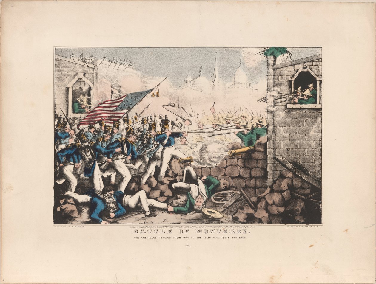 Slaget vid Monterey / Amerikanerna som tvingar sig till huvudtorget, 23 september 1846 av Nathaniel Currier