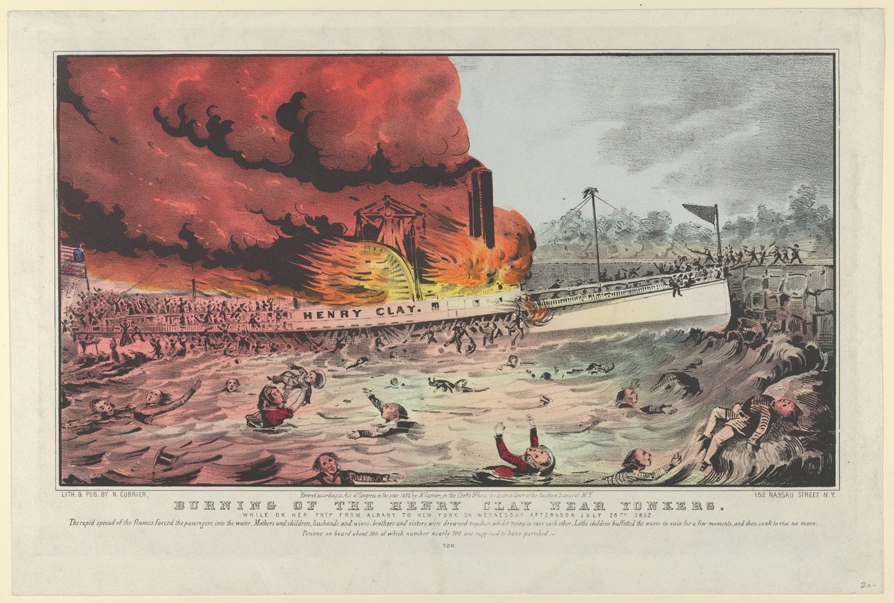Bränning av Henry Clay nära Yonkers-under sin resa från Albany till New York på onsdag..., 1852. av Nathaniel Currier