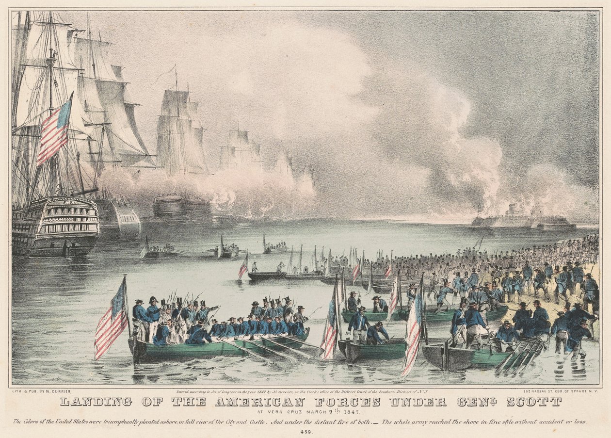 Landstigning av de amerikanska styrkorna under genl. Scott: På Vera Cruz den 9 mars 1847 av Nathaniel Currier