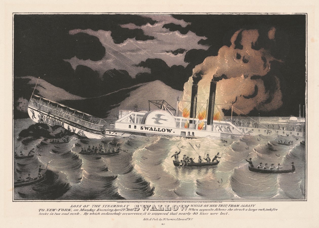 Loss of the Steamboat Swallow: Under sin resa, från Albany till New York, måndagskvällen den 7 april 1845 av Nathaniel Currier