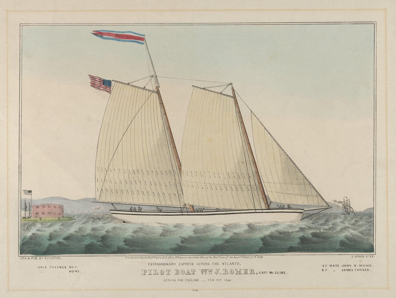 Pilotbåten William J. Romer, kapten McGuire, på väg till England den 9 februari 1846 (handfärgad litografi) av Nathaniel Currier
