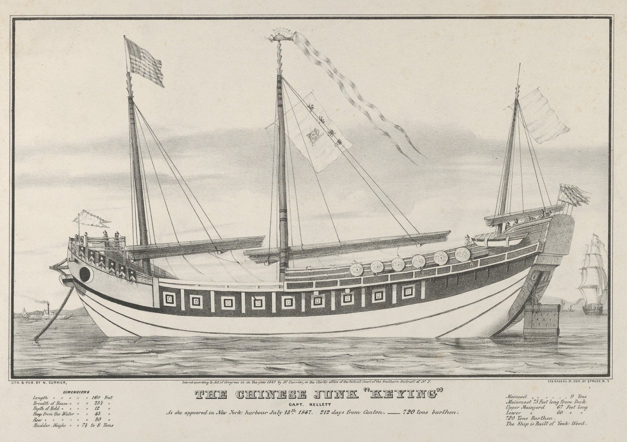 The Chinese Junk Keying-Captain Kellett-Som hon dök upp i New Yorks hamn den 13 juli 1..., 1847. av Nathaniel Currier