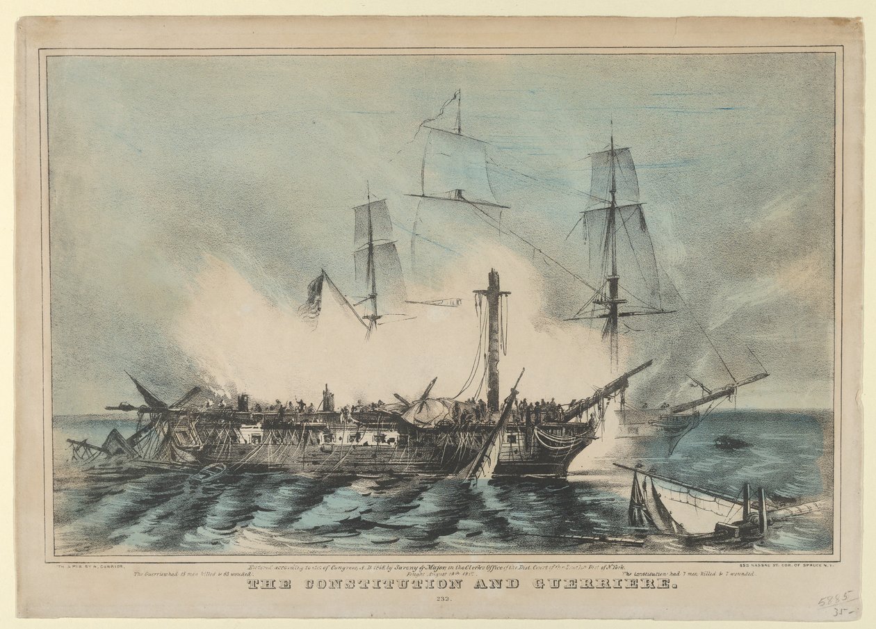 Konstitutionen och Guerriere-kämpade 19 augusti 1812-The Guerriere hade 15 män döda..., 1848. av Nathaniel Currier