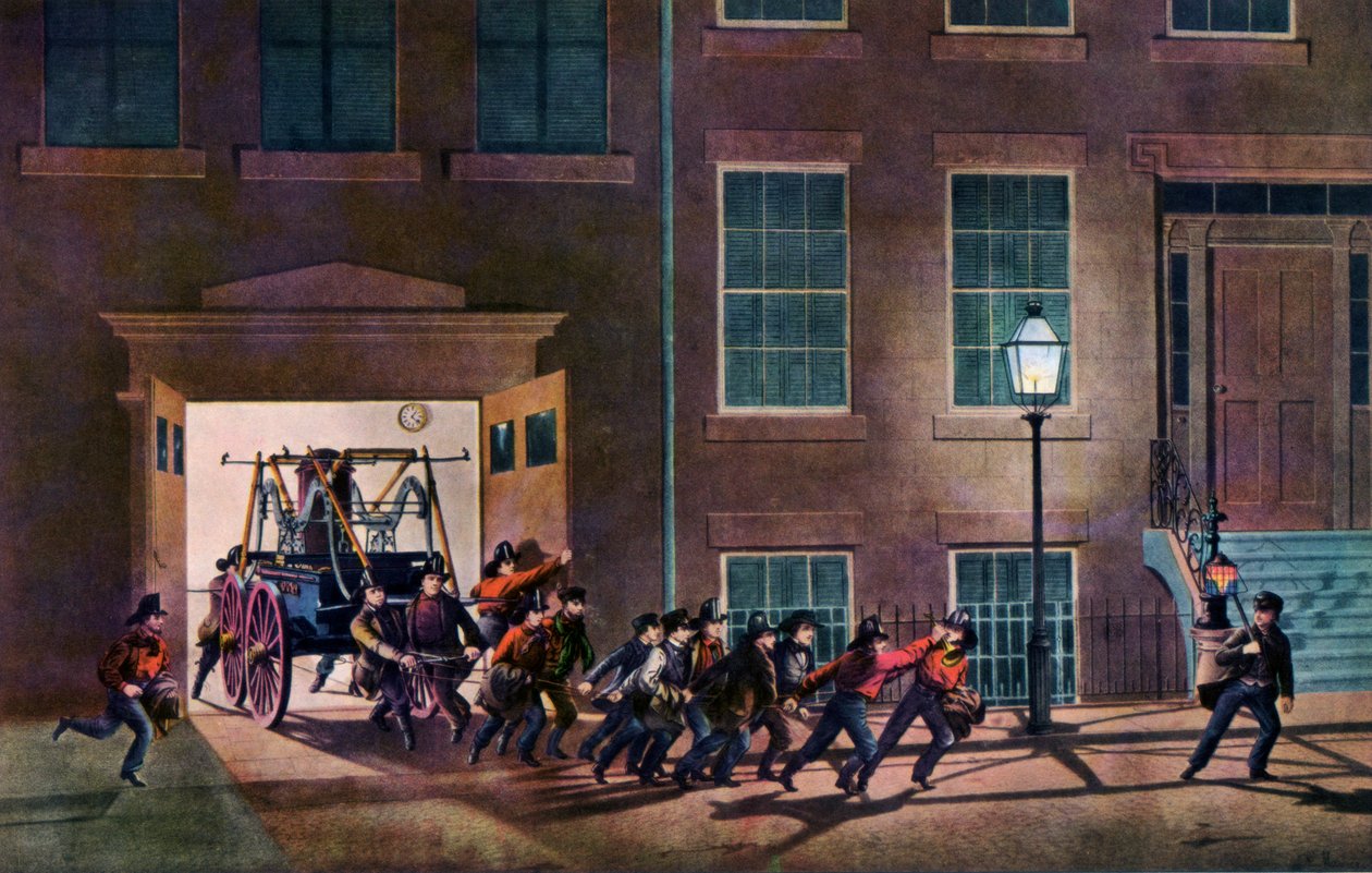 Nattlarmet, en brandmans liv, 1854. av Nathaniel Currier
