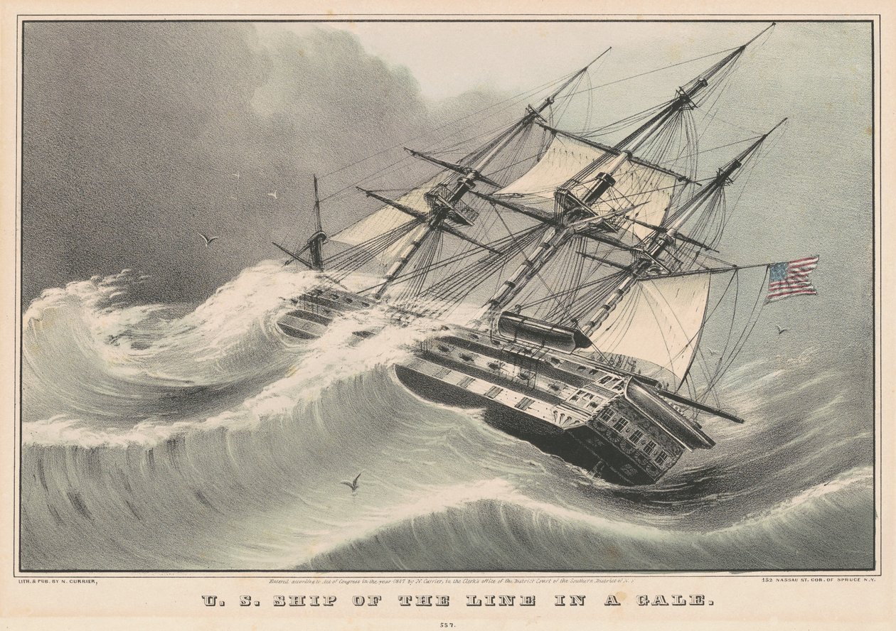 U.S.S. Line Ship of the Line i storm av Nathaniel Currier