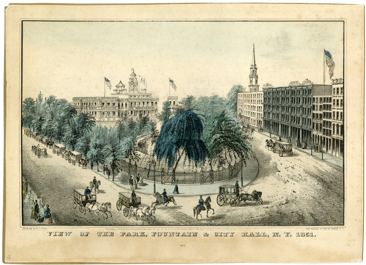 Vy över parken, fontänen och stadshuset, New York 1851, 1851 av Nathaniel Currier
