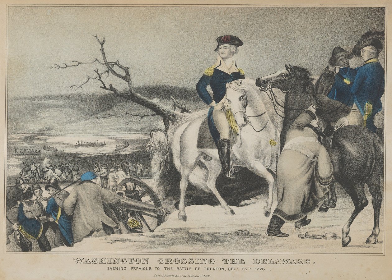 Washington korsar Delaware-kvällen före slaget vid Trenton, 25 december..., 1847. av Nathaniel Currier