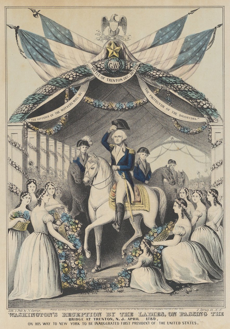 Washingtons mottagning av damerna när de passerade bron i Trenton, N.J., april 1789, o..., 1845. av Nathaniel Currier